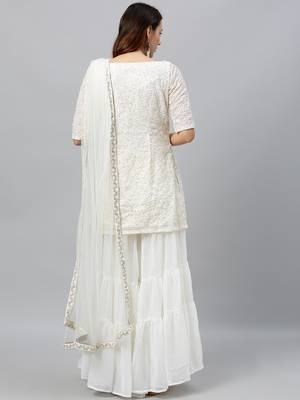 Ethnovogue Ready To Wear White Embroidered Georgette Gharara Suit 2