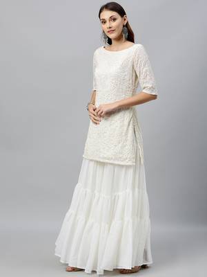 Ethnovogue Ready To Wear White Embroidered Georgette Gharara Suit 3