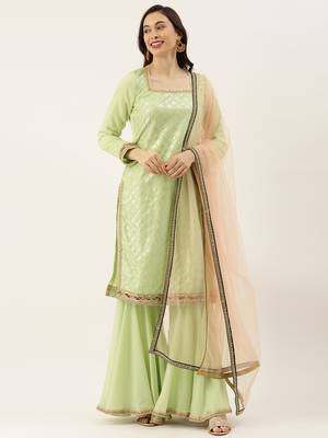 Ethnovogue Ready To Wear Green Embroidered Square Neck Sharara Suit 1