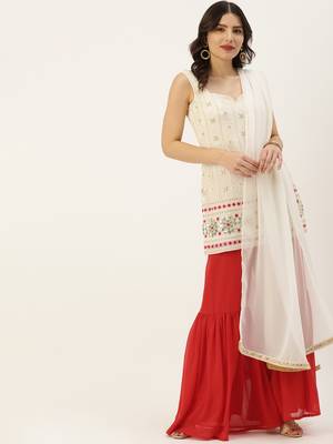 Ethnovogue Ready To Wear Off White Embroidered Georgette Gharara Suit 1