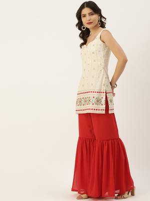Ethnovogue Ready To Wear Off White Embroidered Georgette Gharara Suit 3