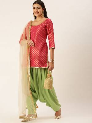Ethnovogue Ready To Wear Pink Jacquard Top N Green Patiala Suit 3