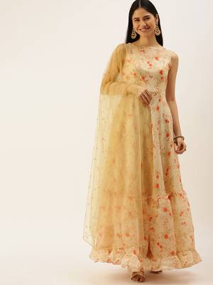 Ethnovogue Ready To Wear Beige Printed Organza Anarakali Suit 1