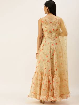Ethnovogue Ready To Wear Beige Printed Organza Anarakali Suit 2