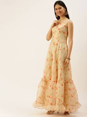 Ethnovogue Ready To Wear Beige Printed Organza Anarakali Suit 3