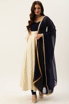 Ethnovogue Ready To Wear Cream Satin N Blue Ruched Style Anarkali Suit