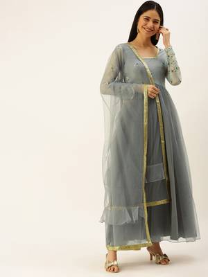 Ethnovogue Ready To Wear Grey Embroidered Organza Anarkali Suit 1