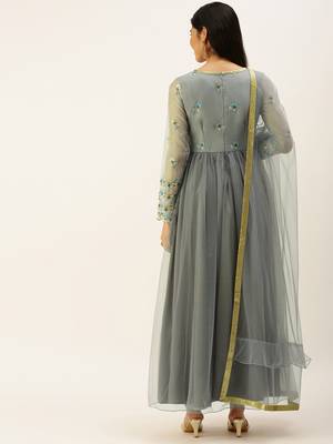 Ethnovogue Ready To Wear Grey Embroidered Organza Anarkali Suit 2