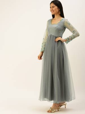 Ethnovogue Ready To Wear Grey Embroidered Organza Anarkali Suit 3