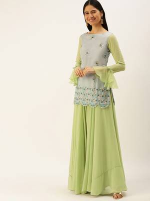 Ethnovogue Ready To Wear Grey N Green Embroidered Sharara suit 3