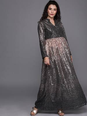 Ethnovogue Ready To Wear Black Net Sequin Narrow Straight Pant Set 1
