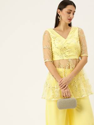 Ethnovogue Ready To Wear Beige Embroidered Peplum Blouse N Palazzo Set 1