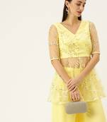 Ethnovogue Ready To Wear Beige Embroidered Peplum Blouse N Palazzo Set