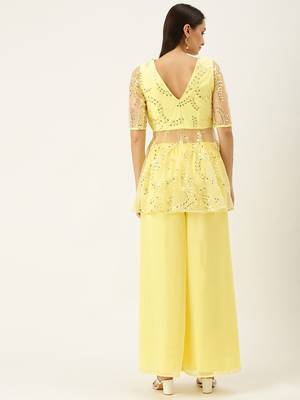 Ethnovogue Ready To Wear Beige Embroidered Peplum Blouse N Palazzo Set 2