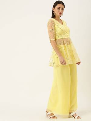Ethnovogue Ready To Wear Beige Embroidered Peplum Blouse N Palazzo Set 3