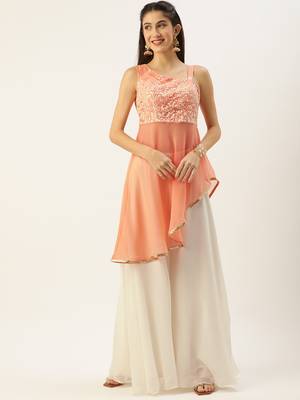 Ethnovogue Ready To Wear Peach and White One Shoulder Style Palazzo Set 1