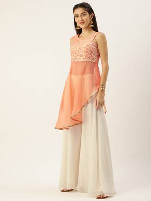 Ethnovogue Ready To Wear Peach and White One Shoulder Style Palazzo Set 3