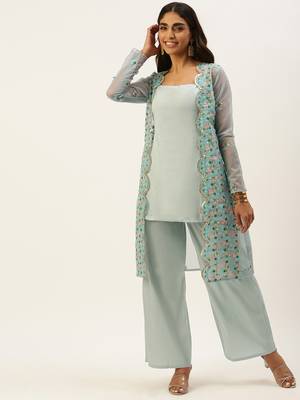 Ethnovogue Ready To Wear Grey Embroidered Organza Jacket Set 1