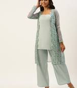 Ethnovogue Ready To Wear Grey Embroidered Organza Jacket Set