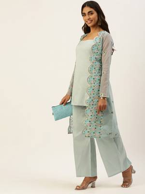 Ethnovogue Ready To Wear Grey Embroidered Organza Jacket Set 3