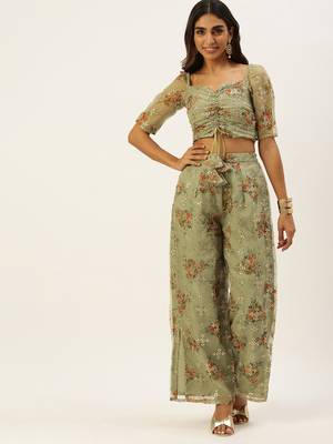 Ethnovogue Ready To Wear Green Organza Embroidered Co Ords Set 1