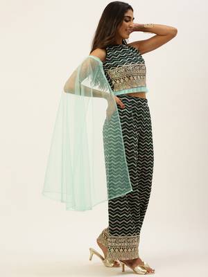 Ethnovogue Ready To Wear Green Embroidered Crop Top N Pant Co Ords 3
