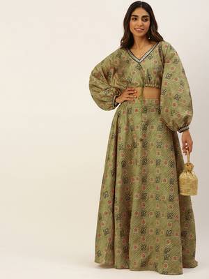 Ethnovogue Ready To Wear Green Printed Art Silk Co Ords Set 1