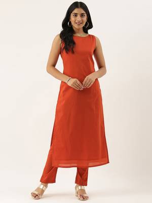 Ethnovogue Ready To Wear Brown Boat Neckline TENCEL Straight Pant Suit 1