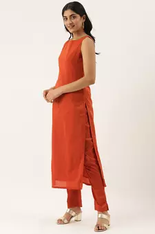 Ethnovogue Ready To Wear Brown Boat Neckline TENCEL Straight Pant Suit