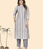 Vbuyz Women'S Striped Print Straight Cotton Blend Grey Stitched Kurta