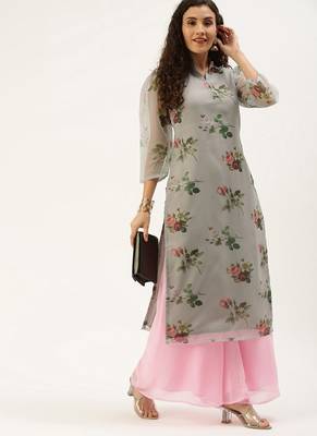 Ethnovogue Ready To Wear Grey Organza N Pink Kurta Palazzo Set 1