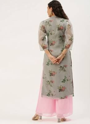 Ethnovogue Ready To Wear Grey Organza N Pink Kurta Palazzo Set 2
