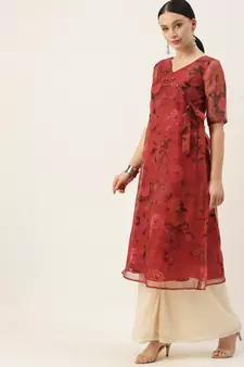 Ethnovogue Ready To Wear Red N Off White Printed Palazzo Set
