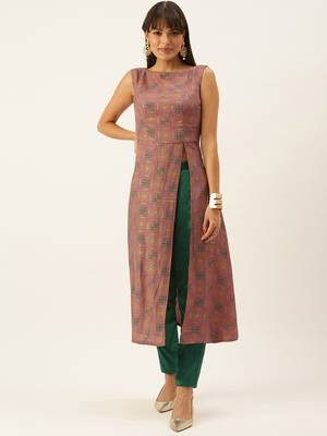 Ethnovogue Ready To Wear Peach Foil N Skipper Green Kurta Straight Pant Suit 1