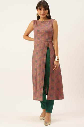 Ethnovogue Ready To Wear Peach Foil N Skipper Green Kurta Straight Pant Suit