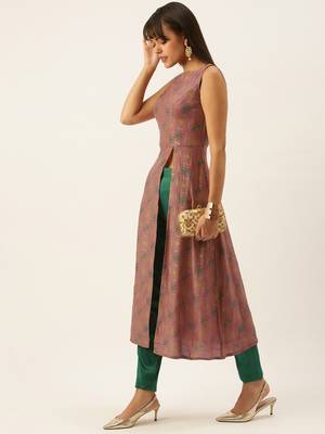 Ethnovogue Ready To Wear Peach Foil N Skipper Green Kurta Straight Pant Suit 3