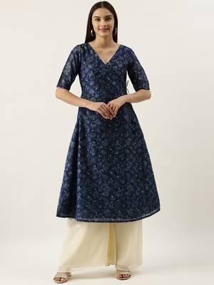 Ethnovogue Ready To Wear Blue Foil Calf Length Kurta Set 1