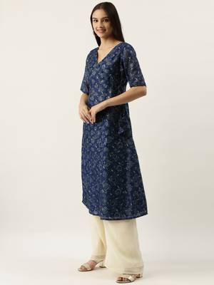 Ethnovogue Ready To Wear Blue Foil Calf Length Kurta Set 3