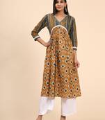 Vbuyz Women'S Printed A-Line Cotton Mustard  Stitched Kurta