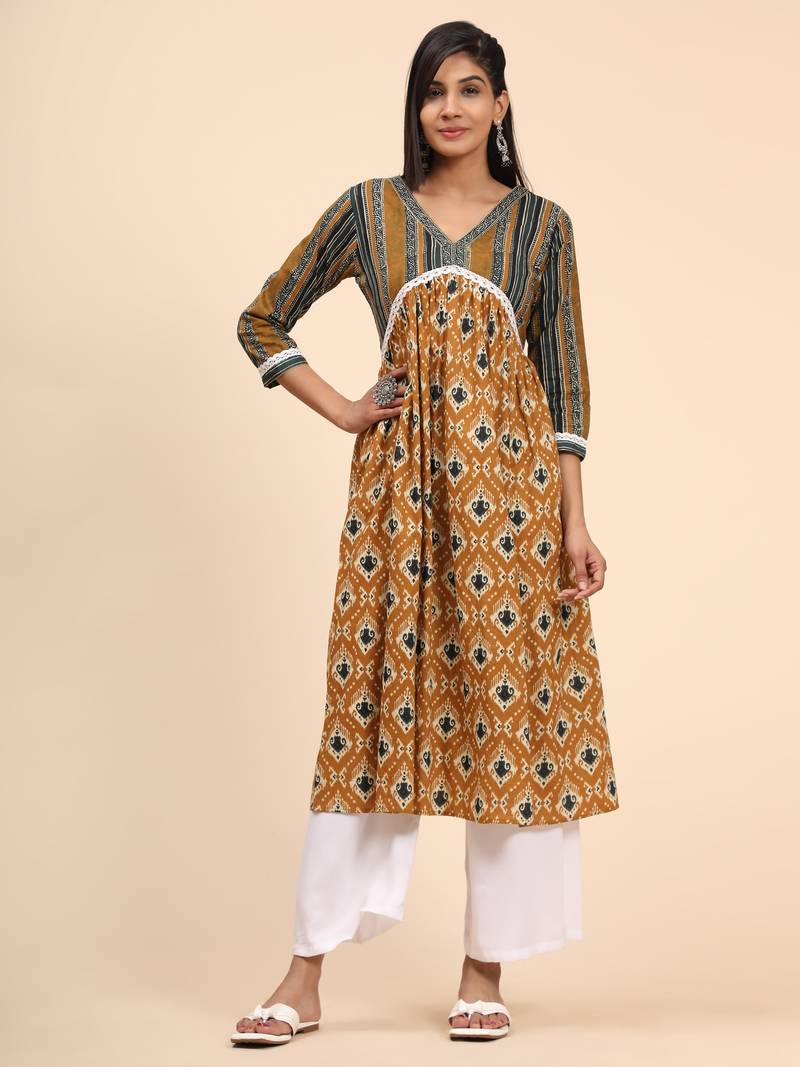 Vbuyz Women'S Printed A-Line Cotton Mustard  Stitched Kurta