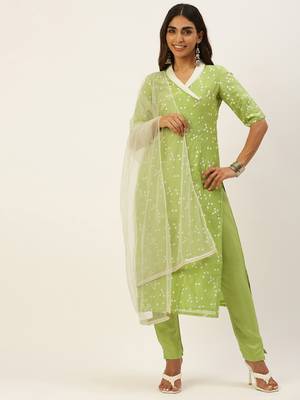 Ethnovogue Ready To Wear Green Cotton Foil Printed Narrow Straight Pant Suit 1