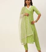 Ethnovogue Ready To Wear Green Cotton Foil Printed Narrow Straight Pant Suit