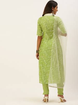 Ethnovogue Ready To Wear Green Cotton Foil Printed Narrow Straight Pant Suit 2