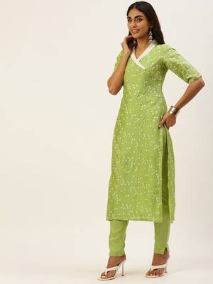 Ethnovogue Ready To Wear Green Cotton Foil Printed Narrow Straight Pant Suit 3