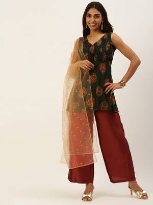 Ethnovogue Ready To Wear Printed Maroon N Green Wide Leg Pant Set 1