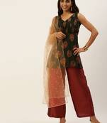 Ethnovogue Ready To Wear Printed Maroon N Green Wide Leg Pant Set