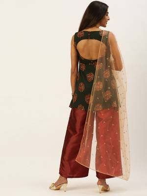 Ethnovogue Ready To Wear Printed Maroon N Green Wide Leg Pant Set 2