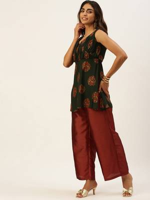 Ethnovogue Ready To Wear Printed Maroon N Green Wide Leg Pant Set 3
