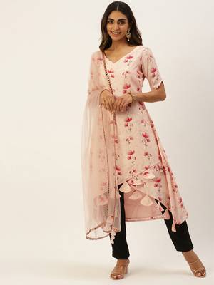 Ethnovogue Ready To Wear Peach Chanderi Modal Satin Straight Pant Suit 1