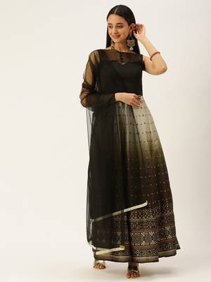Ethnovogue Ready To Wear Black N Green Taffeta Printed Anarkali Suit 1